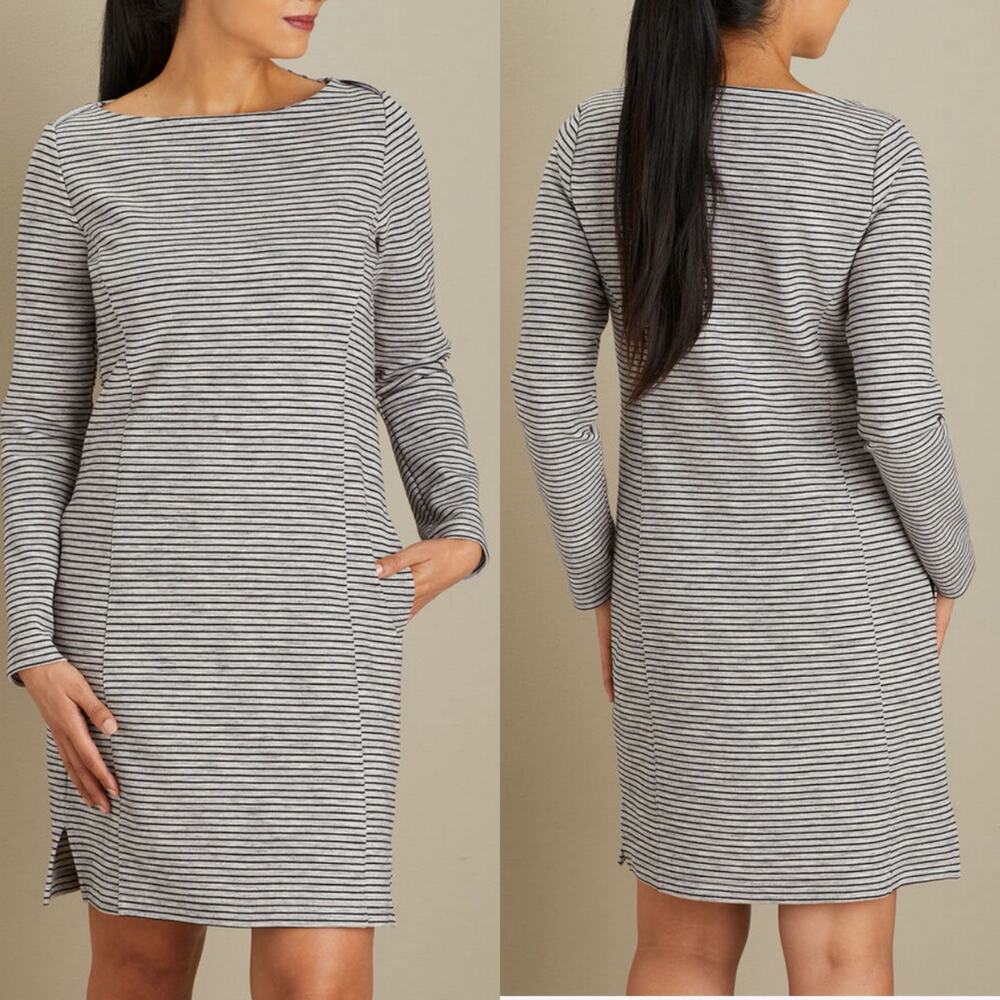 NWT Duluth Trading Women's Ponte Pro Dress Black and Gray Stripe Size S